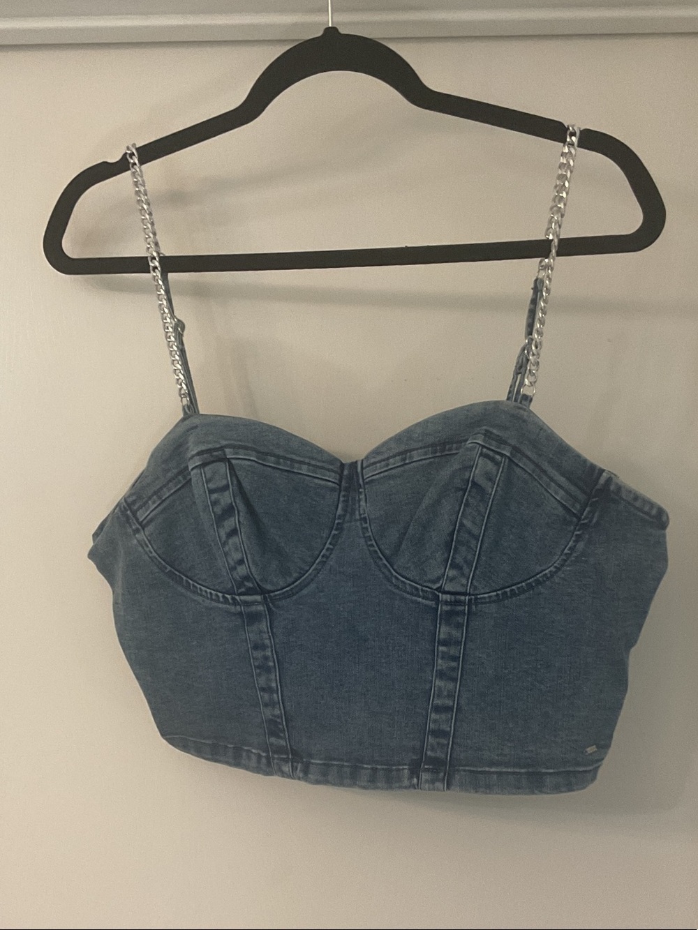 Guess Denim Bustier Crop Top with Silver Chain Straps - Blue